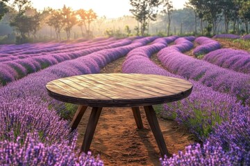 Wooden table top on blur lavender field background in morning atmosphere. Product display layout. Showcase for natural product.