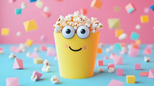 Cheerful popcorn container in a colorful scene.