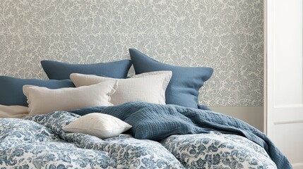 A bedroom interior featuring a patterned wallpaper and textiles.