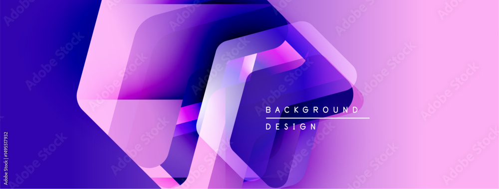 Poster abstract geometric shapes overlap, creating vibrant purple, pink gradient. modern design elements su