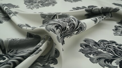 Elegant fabric with a damask pattern in gray and white.