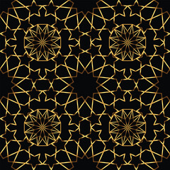Seamless geometric pattern of stars. Gold on black background. Vector illustration.