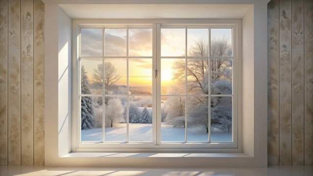Serene winter sunrise view through a bright white window pane, showcasing a snow-covered landscape with frosty trees and a peaceful golden light.