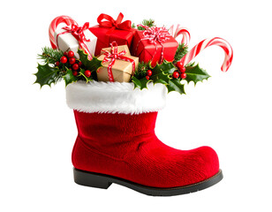 Festive christmas stocking filled with presents and candy canes.