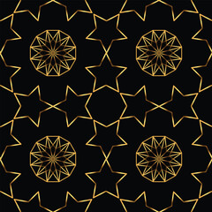 Seamless geometric pattern of stars. Gold on black background. Vector illustration.