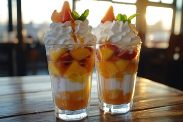 Two glasses of layered dessert with fruit and whipped cream.