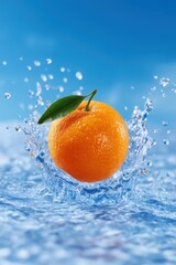 Orange splashes into clear water in vibrant freeze frame setting against blue backdrop. Concept of fruit freshness, culinary arts, beverage industry