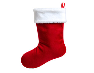 Red christmas stocking with white trim on transparent background.