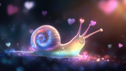 A snail with a transparent shell that glows in pastel shades, a smiling face with long eyelashes, and antennae that end in heart shapes.