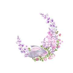 bunny with hydrangea flowers, hand painted watercolor card for kids