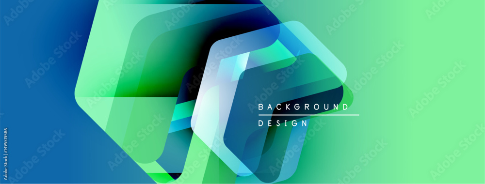 Poster Abstract geometric shapes overlap, creating vibrant gradient background. Modern design elements suggest innovation, technology.