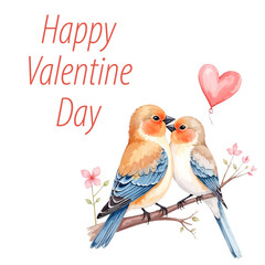 Happy Valentine&rsquo;s Day Text with Watercolor Love Birds Illustration