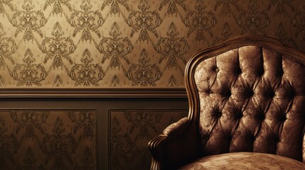 Ornate wallpaper backdrop featuring a vintage armchair.