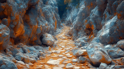 Winding path through rugged rocky terrain surrounded by large boulders. A serene natural landscape evoking a sense of solitude, adventure, and exploration. Blurred background adds depth and calm.

