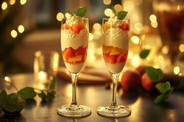 Festive layered dessert in champagne glasses.