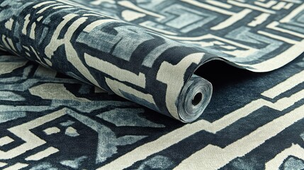 Rolled-up patterned wallpaper displays abstract designs.