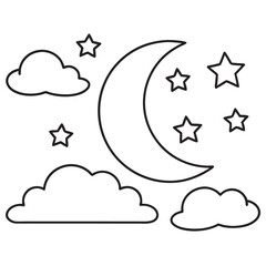 Clouds, stars, and moon in outline — perfect for a coloring book page, line art, or silhouette vector design.
