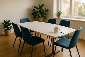 Fototapeta premium Modern Meeting Room with Table, Chairs and Indoor Plants