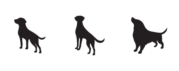 Silhouettes of three dogs in different poses—two sitting and one standing—displayed in a clean, minimal black design on a white background