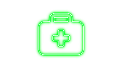 Neon medical first aid kit icon with a cross symbol in the center, Neon briefcase medical icon glow with transparent background