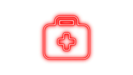 Obraz premium Neon medical first aid kit icon with a cross symbol in the center, Neon briefcase medical icon glow with transparent background