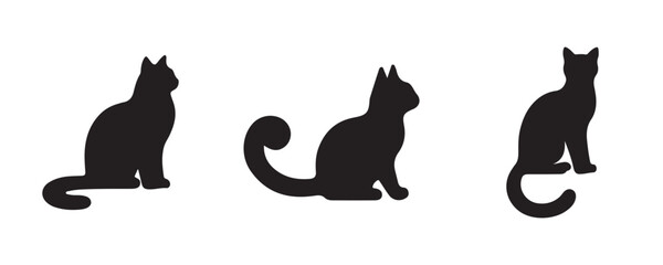 Three black cat silhouettes in varied poses—sitting, standing, and perched—displayed on a white background with clean, minimalistic design