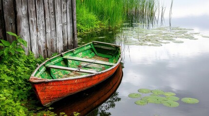 Red and Green Rowboat Moored at Weathered Wooden Dock on Calm Lake