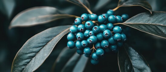 Close up of a black spider on a green leaf with fresh red berries