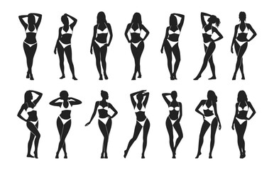 Silhouettes of women in bikinis posing in various confident stances vector illustration set. Female figures of different body types and hairstyles standing in stylish swimwear.