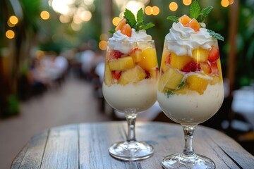 Refreshing fruit dessert in elegant glasses.
