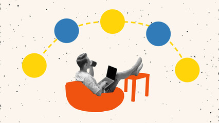 Remote Rocket. Surreal collage. Relaxed freelancer with laptop lounges on beanbag, sipping coffee...