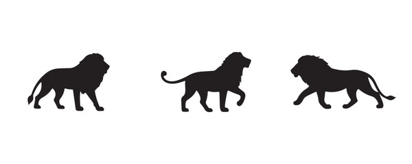 Silhouettes of three lions in various walking and standing poses, depicted in a bold black vector style on a white background, ideal for wildlife or safari-themed designs