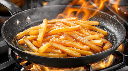 Golden French fries cooking in a pan over a flaming gas stove