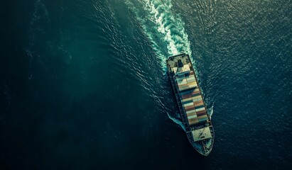 Aerial view of cargo ship transporting containers across the ocean with blue water and white waves