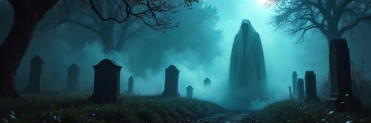 A ghostly figure emerges from swirling mist, ethereal and haunting, a spectral presence in a dimly lit graveyard  Perfect for Halloween, gothic, or spooky themes , moonlight, mist