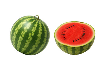Fresh whole watermelon and juicy half cut with red pulp and black seeds isolated on white background, perfect summer fruit for healthy eating, refreshing snack, and natural hydration