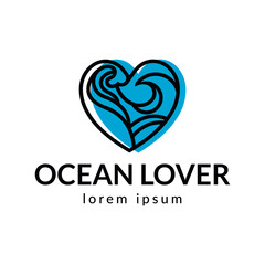 Ocean Heart Vector Logo Flat Symbol. Love Water or Sea Wave Branding Concept.
