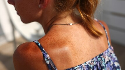Close-up of irritated red sunburn on woman's back, showing damaged skin texture, highlighting harmful effects of UV exposure, overexposure to sunlight, skincare issues, heat, pain, summer health risks