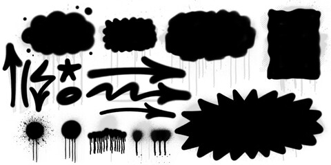 A collection of vector graffiti design elements including spray lines, grunge dots, arrows, ink splashes, and distressed frames. Perfect for street art, urban style illustrations, and grunge textures.