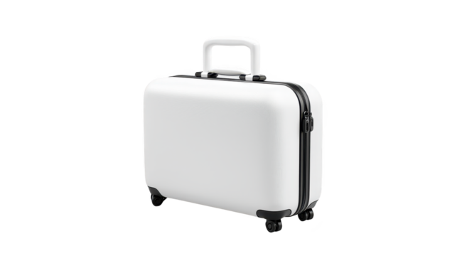 White suitcase on white background, stylish luggage for seamless travel experience