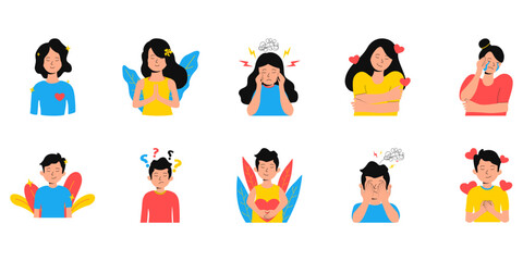 Set of mental health flat character illustration. Stress, depression, happy, loving man dan woman fpr mental health day. Vector isolated.