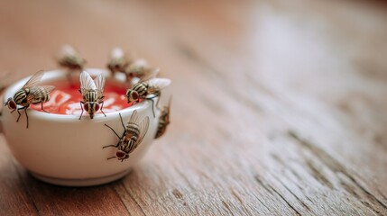 Macro close-up of multiple flies gathered on red ketchup in a white ceramic bowl on wooden table, illustrating food contamination, insect behavior, pest risks, and hygiene issues in everyday settings.
