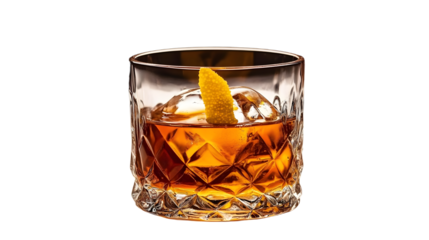 An Old Fashioned cocktail made with sugar, whiskey, and bitters in a glass