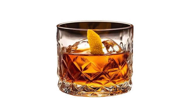 An Old Fashioned cocktail made with sugar, whiskey, and bitters in a glass