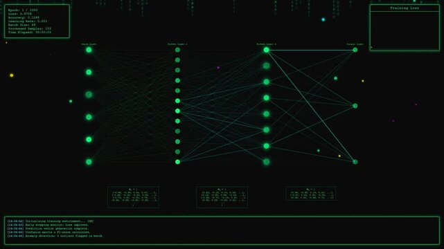 AI training visualization: animated neural network, flowing data points, console log, and real-time loss graph. Represents machine learning, data analysis, and futuristic tech concepts. - Powered by Adobe