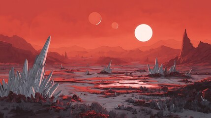 An Alien Landscape Under a Crimson Sky with Strange Crystalline Formations