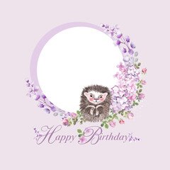 hedgehog with flowers, cards for kids, happy birthday 