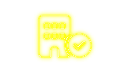 Neon Building Icon with Check Mark, Neon building circle check icon glow with transparent background