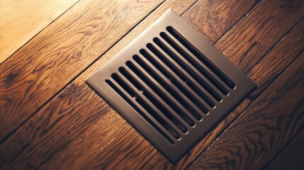 A plastic HVAC vent on wood floor blending function with design.