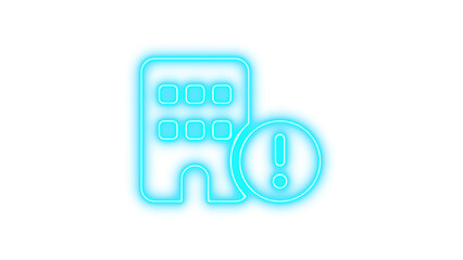 Neon icon of a building with an exclamation mark, symbolizing alert or warning